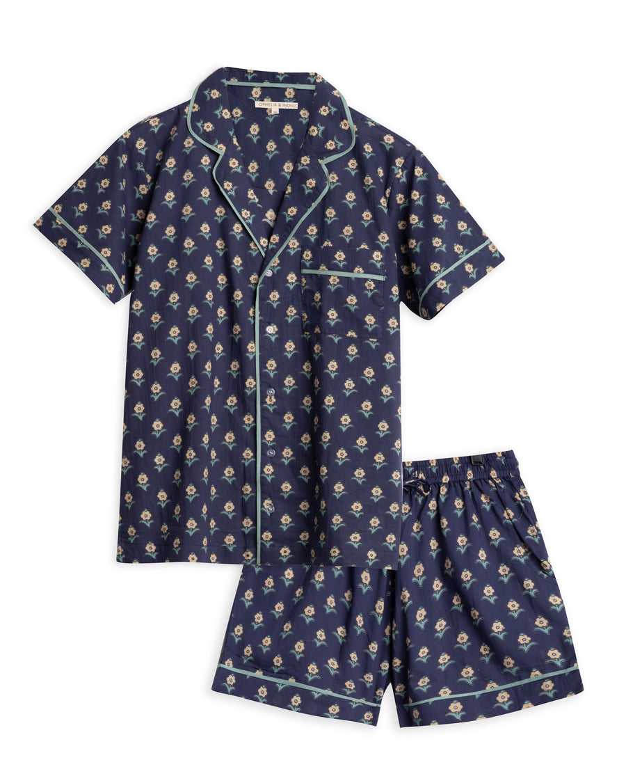 Adult Short Pajamas Blue Daisy Print