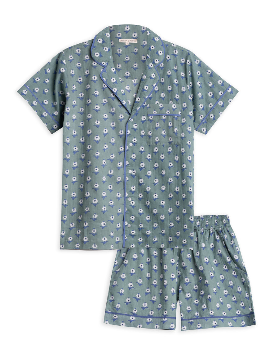 Adult Short Pajamas Green Daisy Print