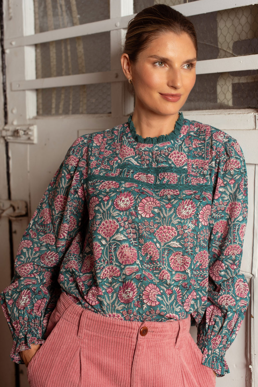 Ruby Blouse Green and Pink Floral