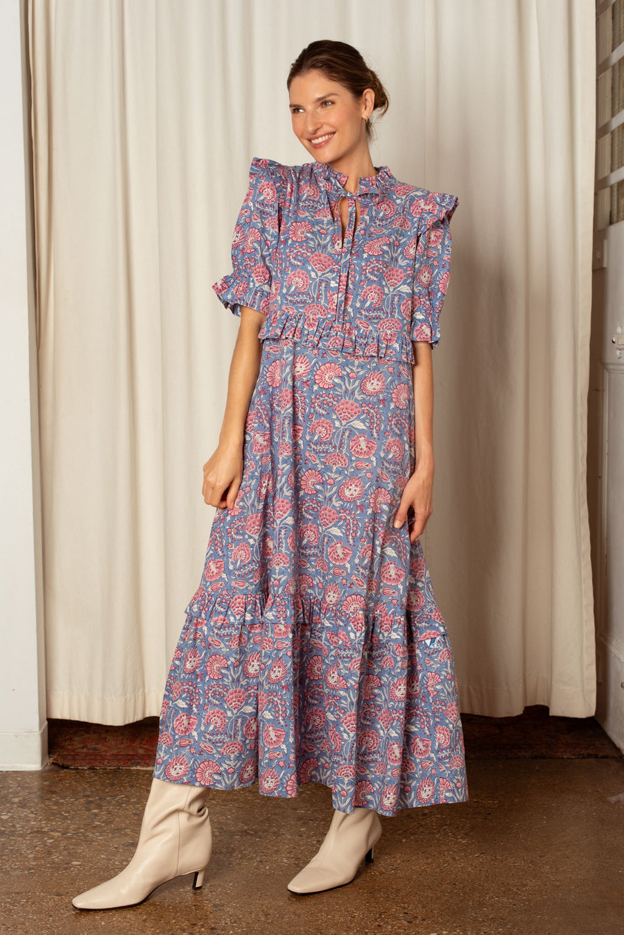 Olive Dress Blue and Pink Floral