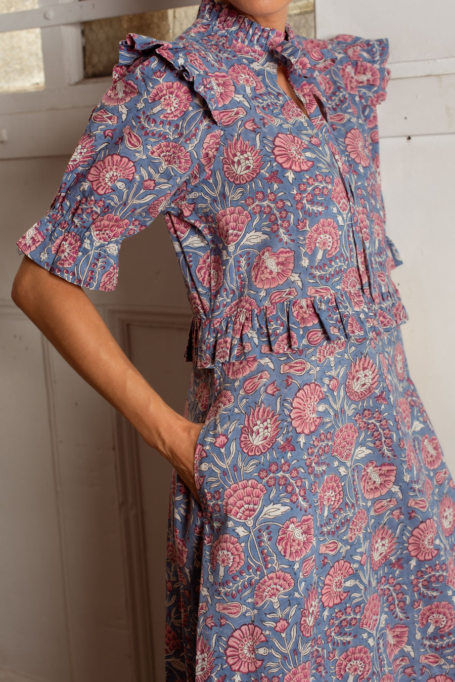 Olive Dress Blue and Pink Floral