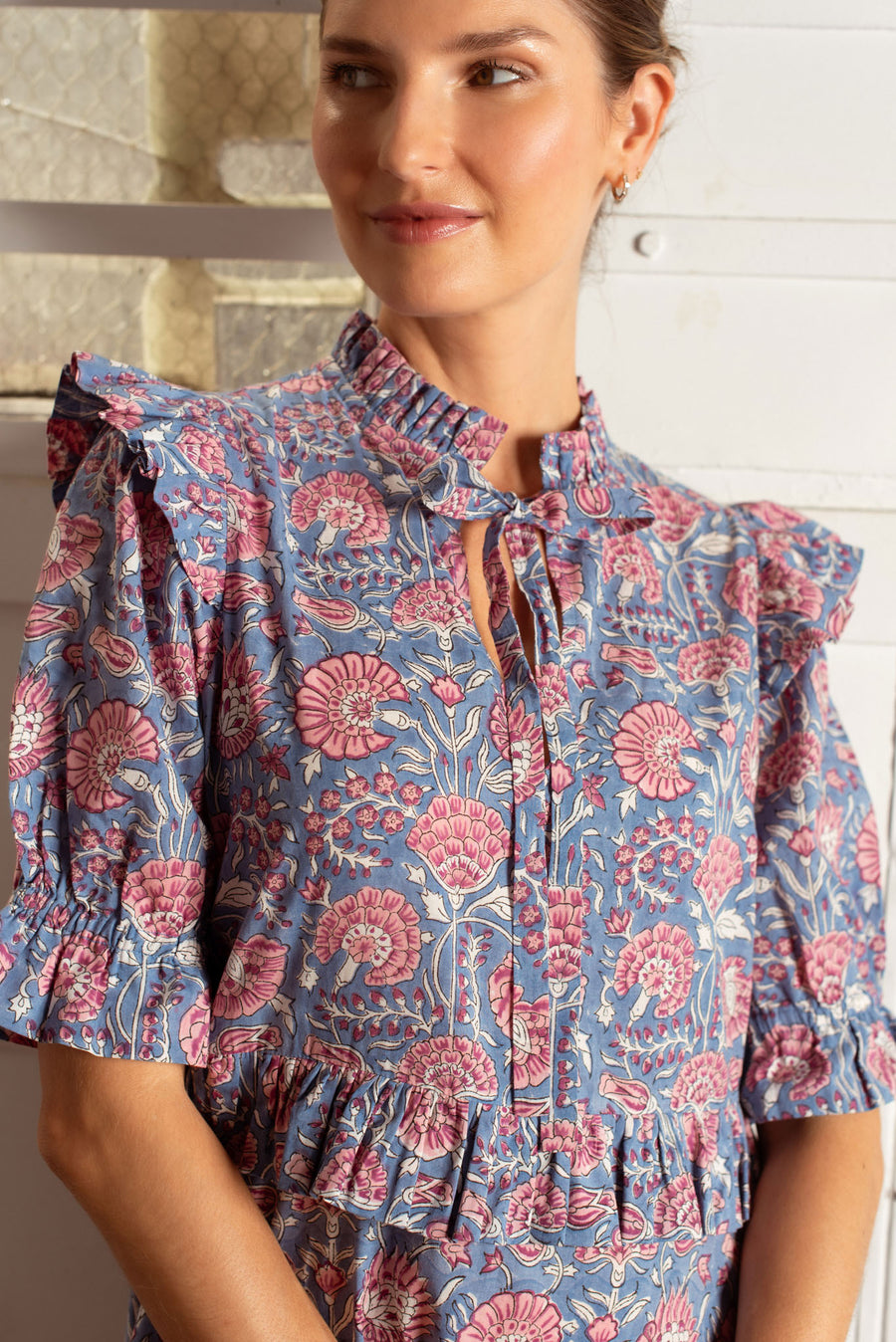 Olive Dress Blue and Pink Floral