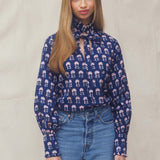 SOLD OUT - Bella Blouse Navy Hydrangea Block Print