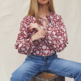 SOLD OUT - Betsy Blouse Burgundy Dahlia Block Print