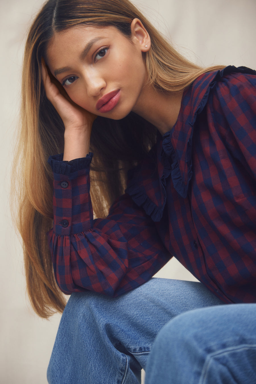 SOLD OUT - Poppy Blouse Navy and Burgundy Check