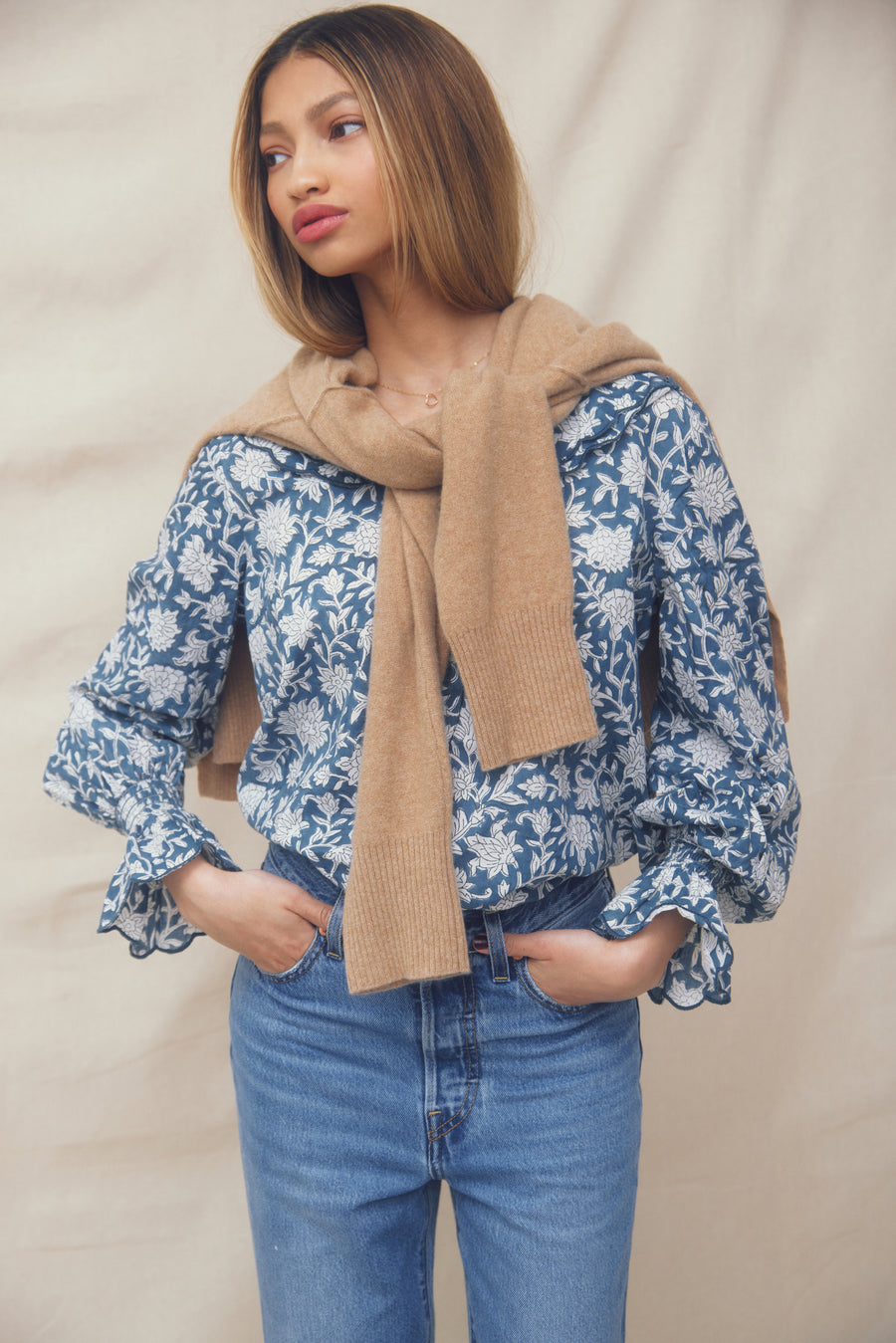 SOLD OUT Darcie Blouse Teal Dahlia Block Print