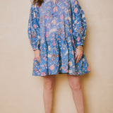 SOLD OUT - Kitty Dress Blue Exotic Floral Block Print