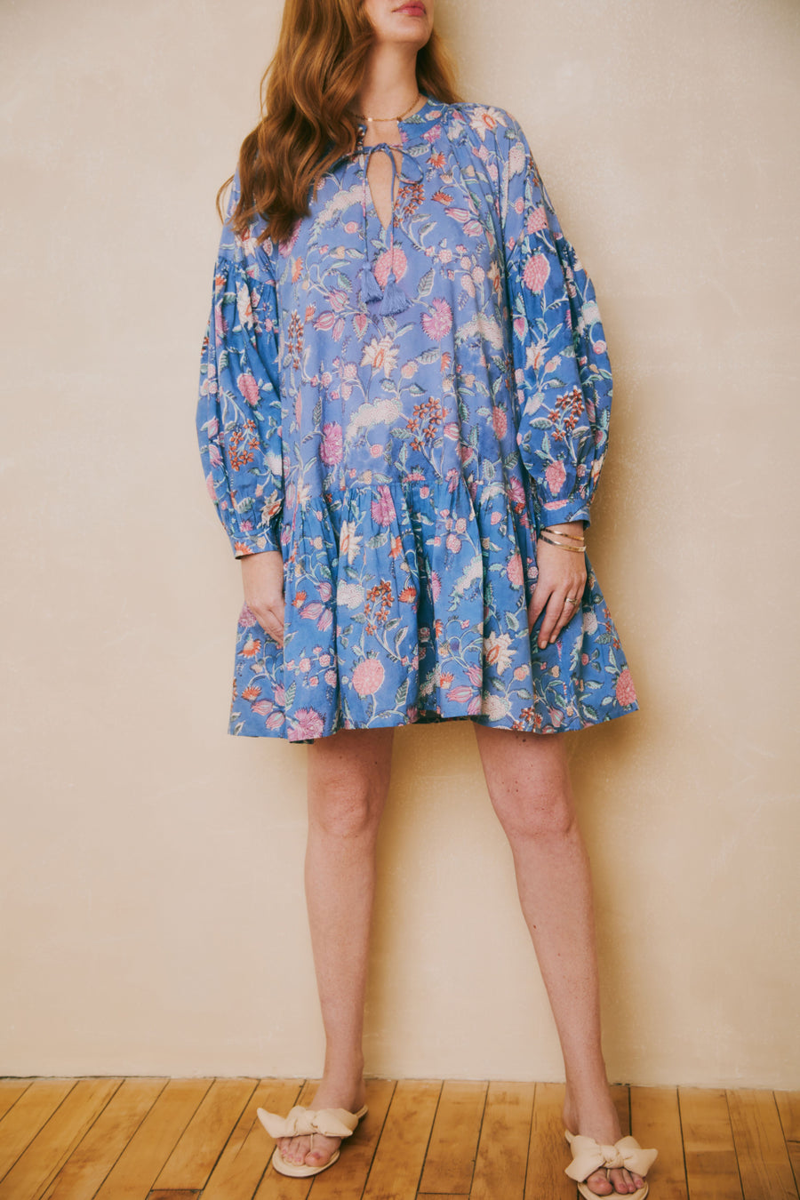 SOLD OUT - Kitty Dress Blue Exotic Floral Block Print