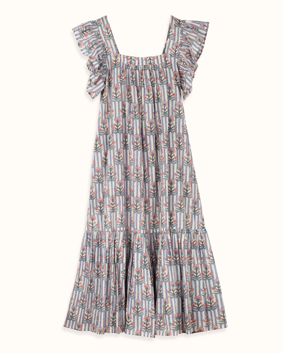 SOLD OUT - Flora Dress Blue and Pink Floral Stripe Block Print