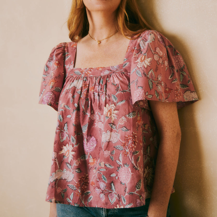 SOLD OUT - Fifi Top Pink Exotic Floral Block Print