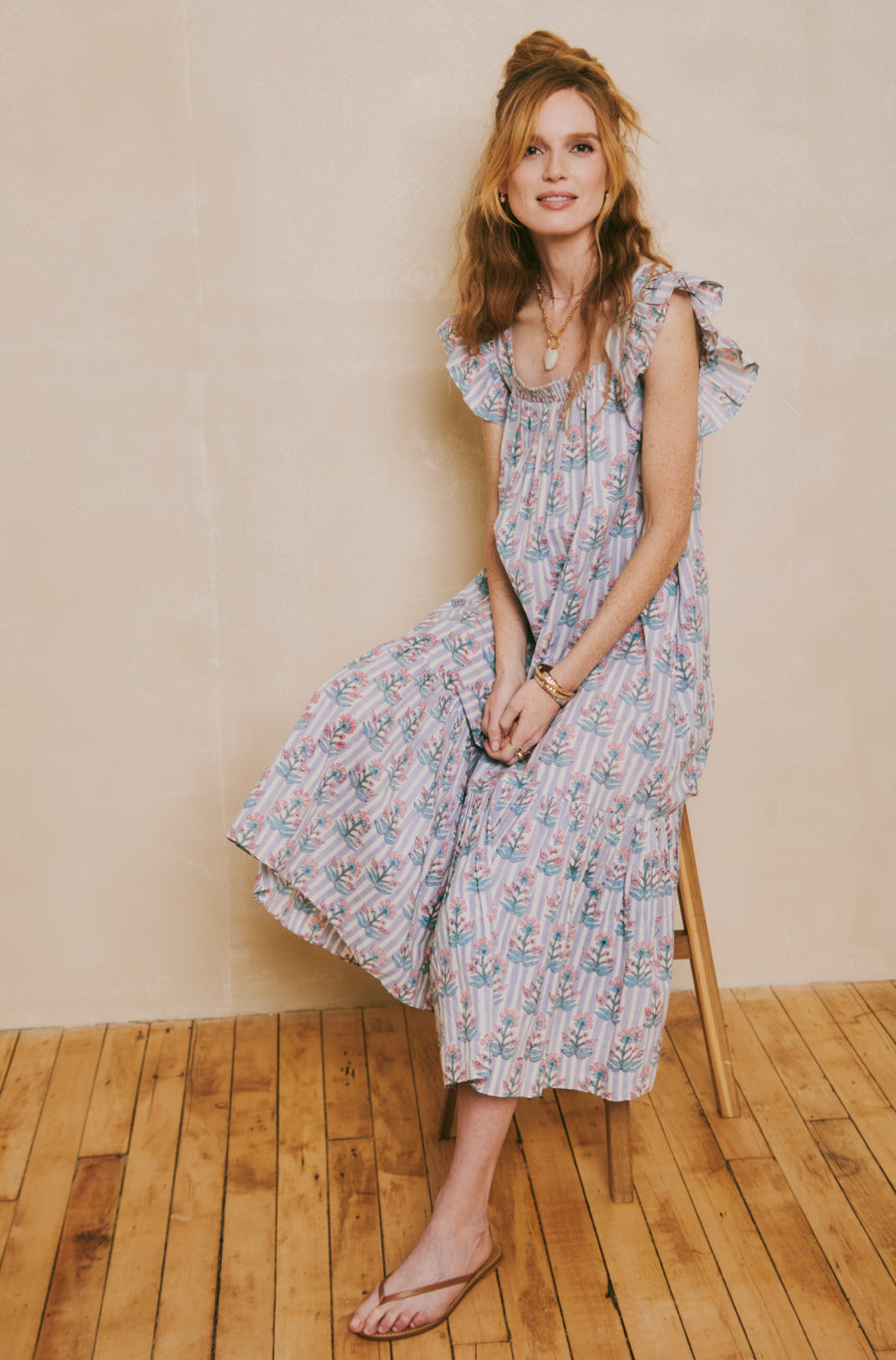SOLD OUT - Flora Dress Blue and Pink Floral Stripe Block Print