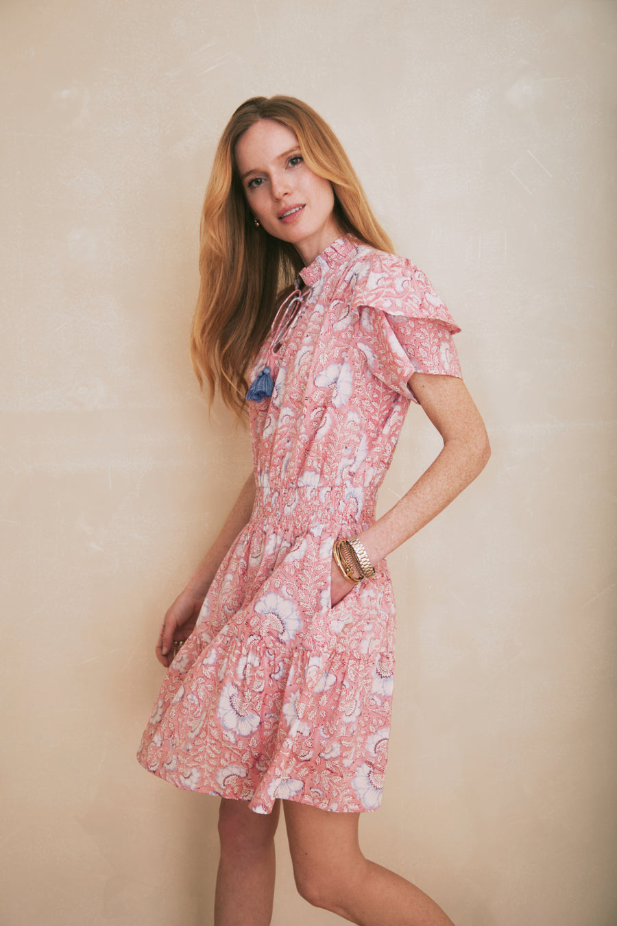 SOLD OUT - Ella Dress Pink and Blue Dianthus Block Print